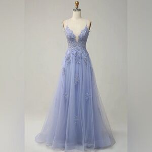 Light Blue Rhinestone A Line Prom Dress